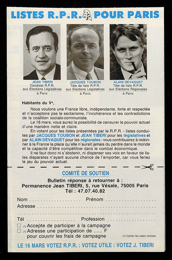 Illustration du #FocusProjet : RPR Listes pour Paris Jean Tibéri candidat | © Sciences Po Paris