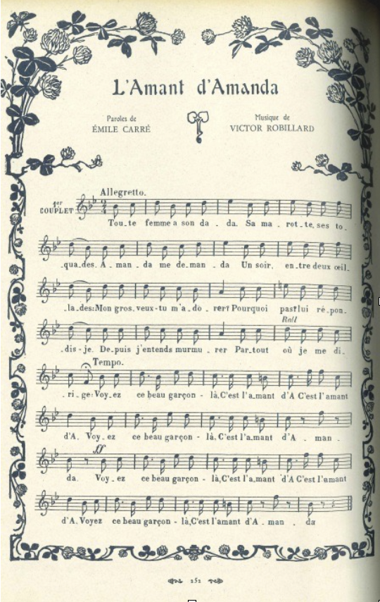 “L’amant d’Amanda”, in Trente ans de café-concert, 300 illustrations, 60 chansons, Paulus, souvenirs recueillis par Octave Pradels, Paris : Société d’Edition et de Publications, 1908.