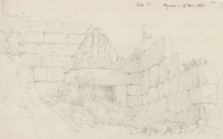 Carl Haller von Hallerstein, Porte des Lions à Mycènes, dessin au crayon sur papier, 19,3 x 31 cm