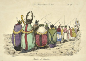 Grandville, « Famille de scarabées », in Les Métamorphoses du Jour, Paris, Bulla, pl. 73, dessin aquarellé d’après la lithographie censurée, Bibliothèque des Musées de Strasbourg.