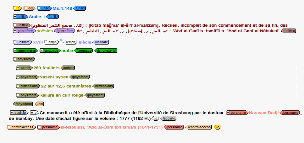 Travail sur les notices – recherche et enrichissment, catpture d’écran version avec les balises EAD sur Calames