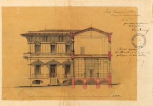 E. Piat, Plans de l’Ecole française d’Athènes. Dessin en coupe du bâtiment central. Athènes, 1872. Fonds Burnouf, cote Burnouf 41-2-7