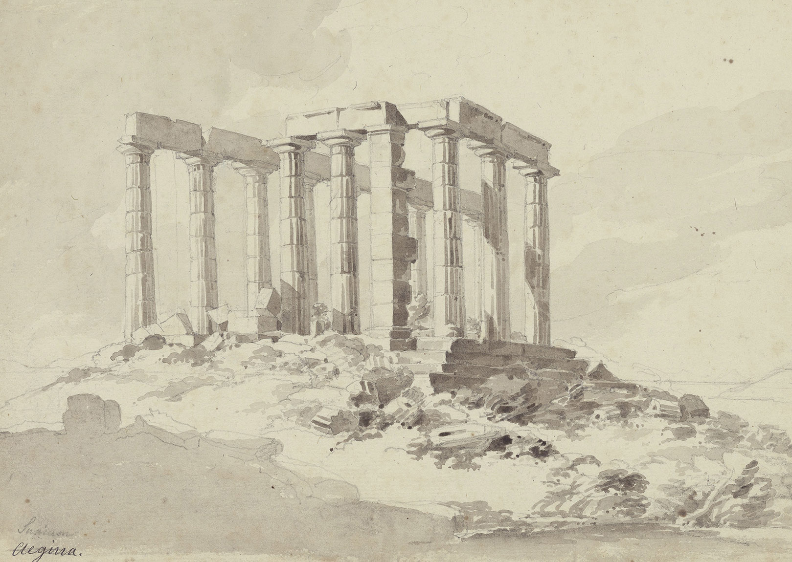 Carl Haller von Hallerstein, Temple de Poséidon au cap Sounion, lavis sur papier, 1810-1811 Strasbourg, Bnu