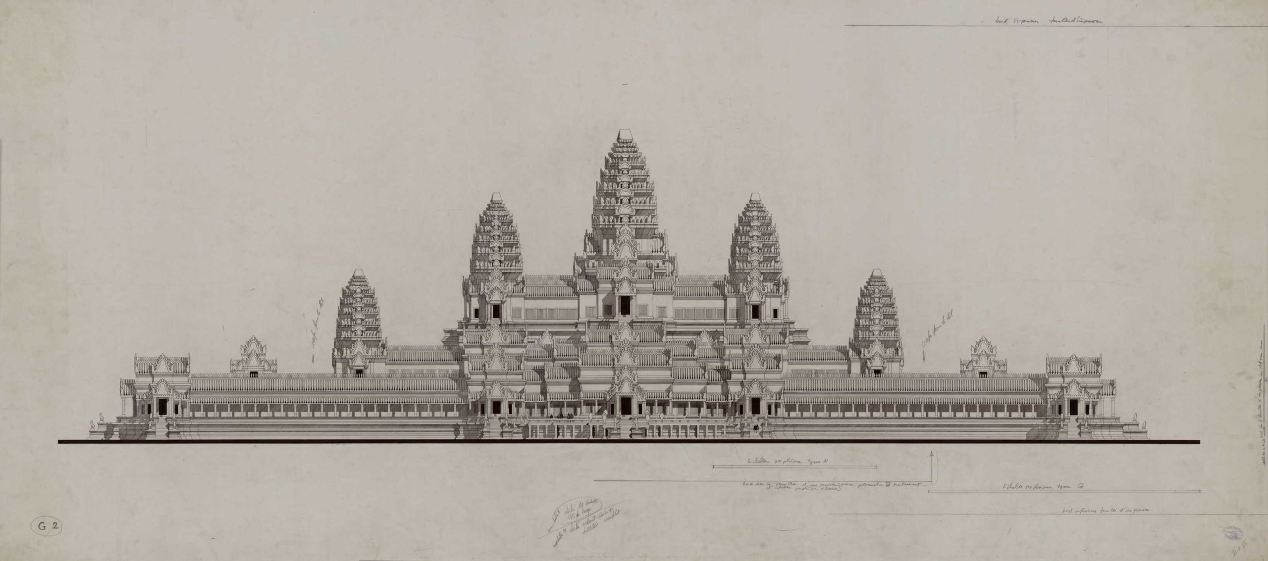 Angkor Vat - 3e enceinte : face Ouest, vue générale (Élévation). EFEO
