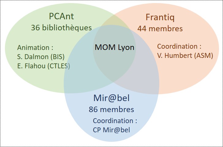 Ecosystème du projet : la bibliothèque de la MOM est au coeur de 3 réseaux : la Fédération et Ressources sur l’Antiquité Frantiq, le Plan de Conservation partagée des périodiques en sciences de l’Antiquité et archéologie (PCAnt) et Mir@bel (plateforme de recensement des accès en ligne des périodiques et de leur politique éditoriale)
